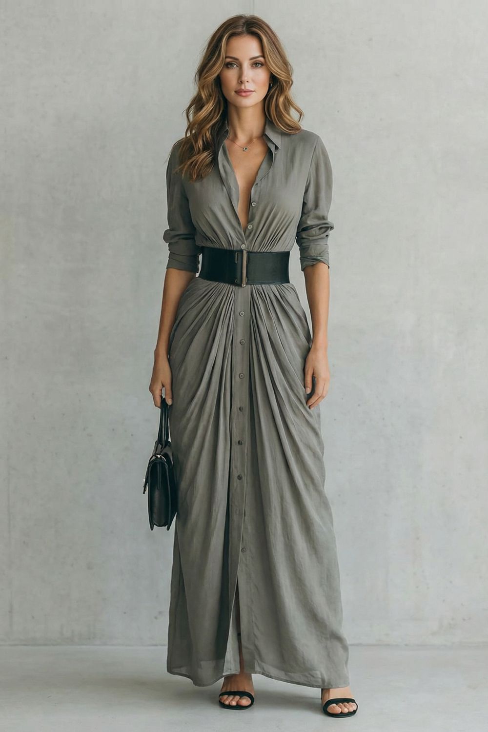 Solenzia | Buttoned Draped Maxi Dress