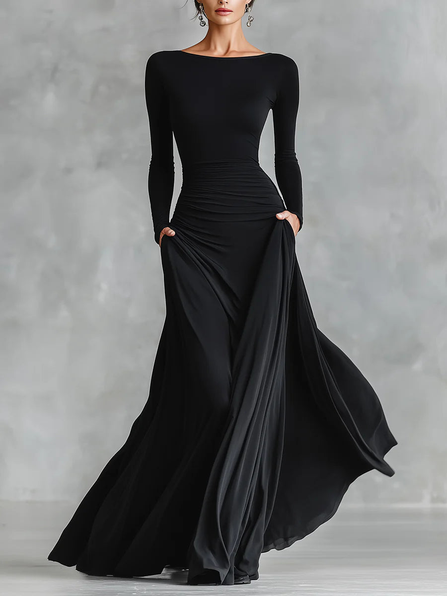 Fiorella™ - Modern Long Dress In Black Crepe With Pleated Boat Neckline