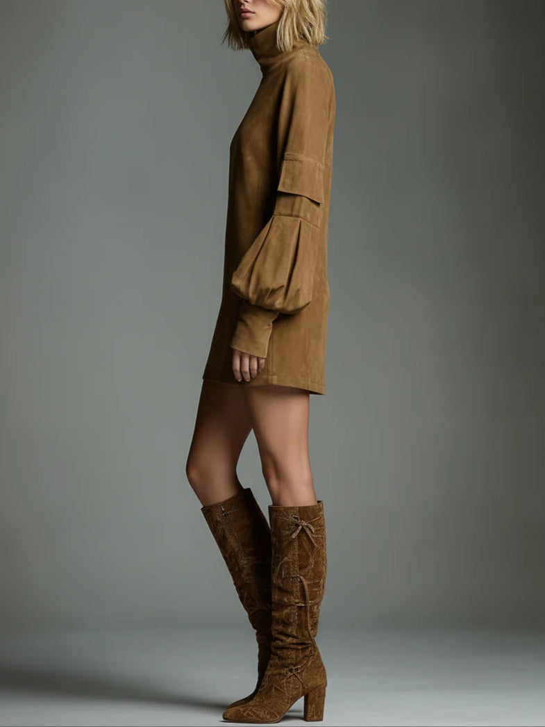 Phoebe | Relaxed Suede-Style Mini Dress With High Neck