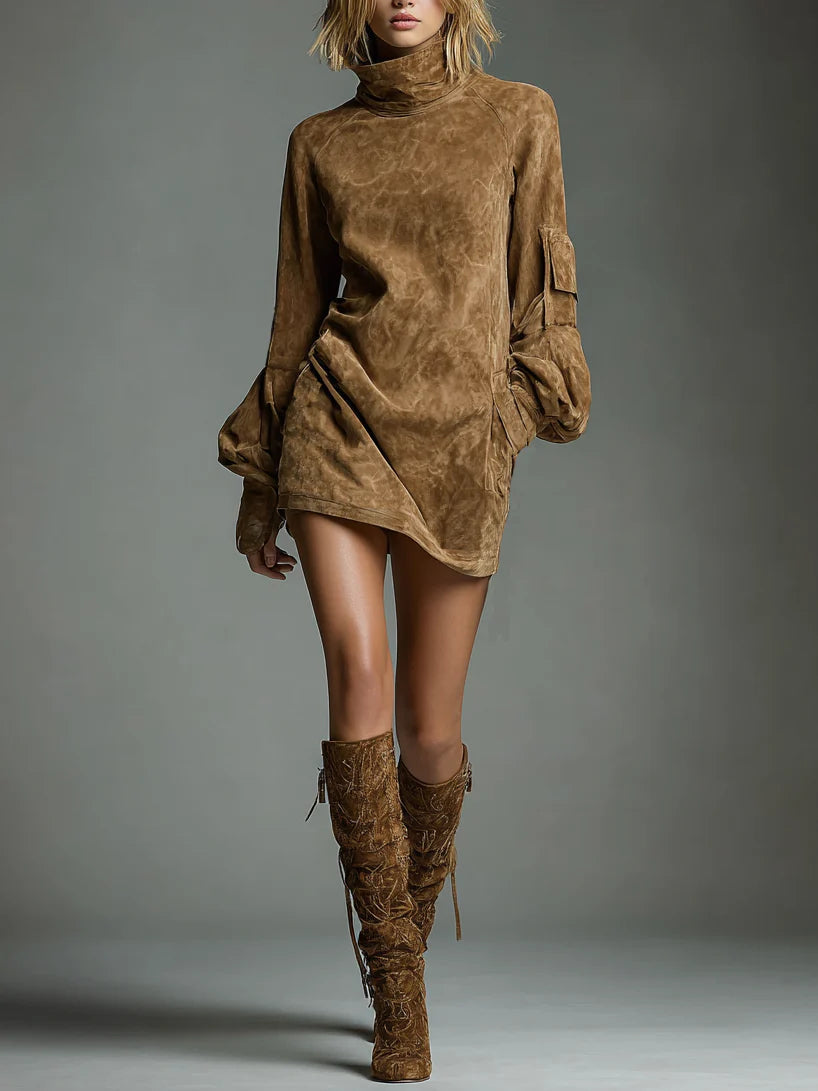 Phoebe | Relaxed Suede-Style Mini Dress With High Neck
