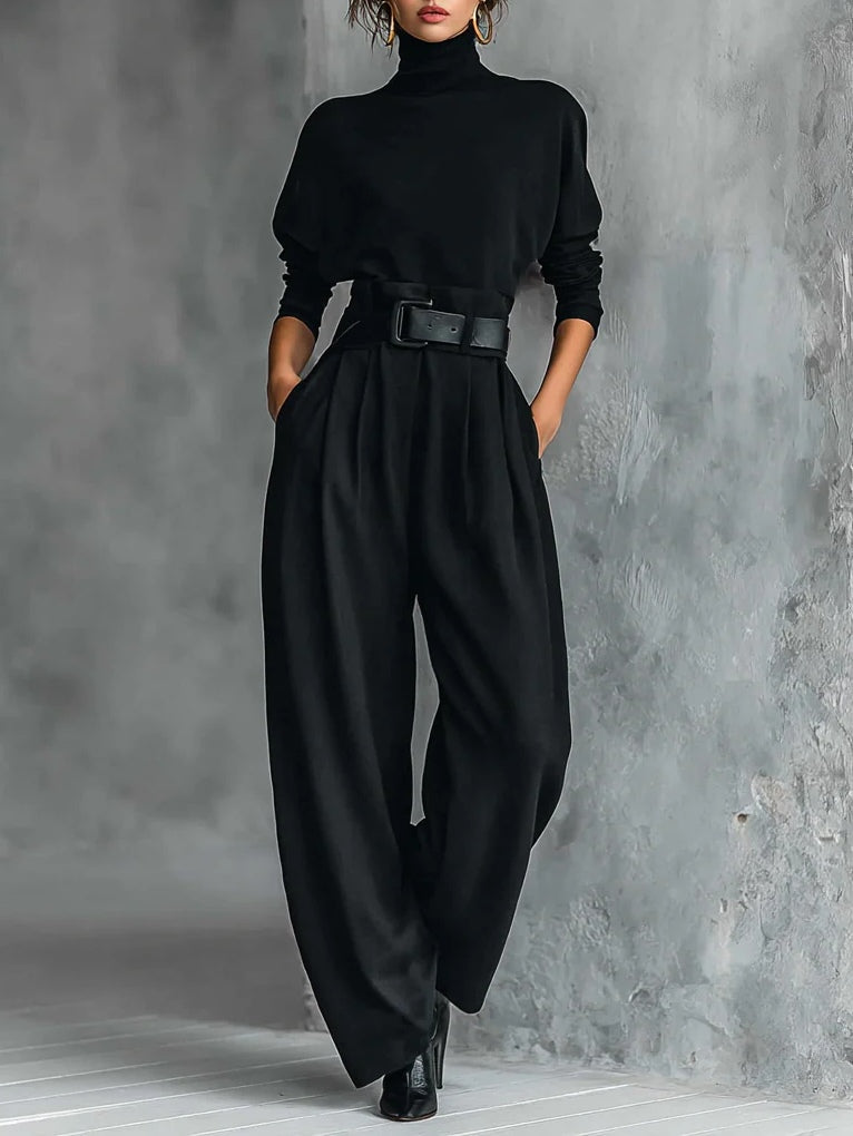 Martha | Complete Black Two-Piece With High Collar And Regular Waist