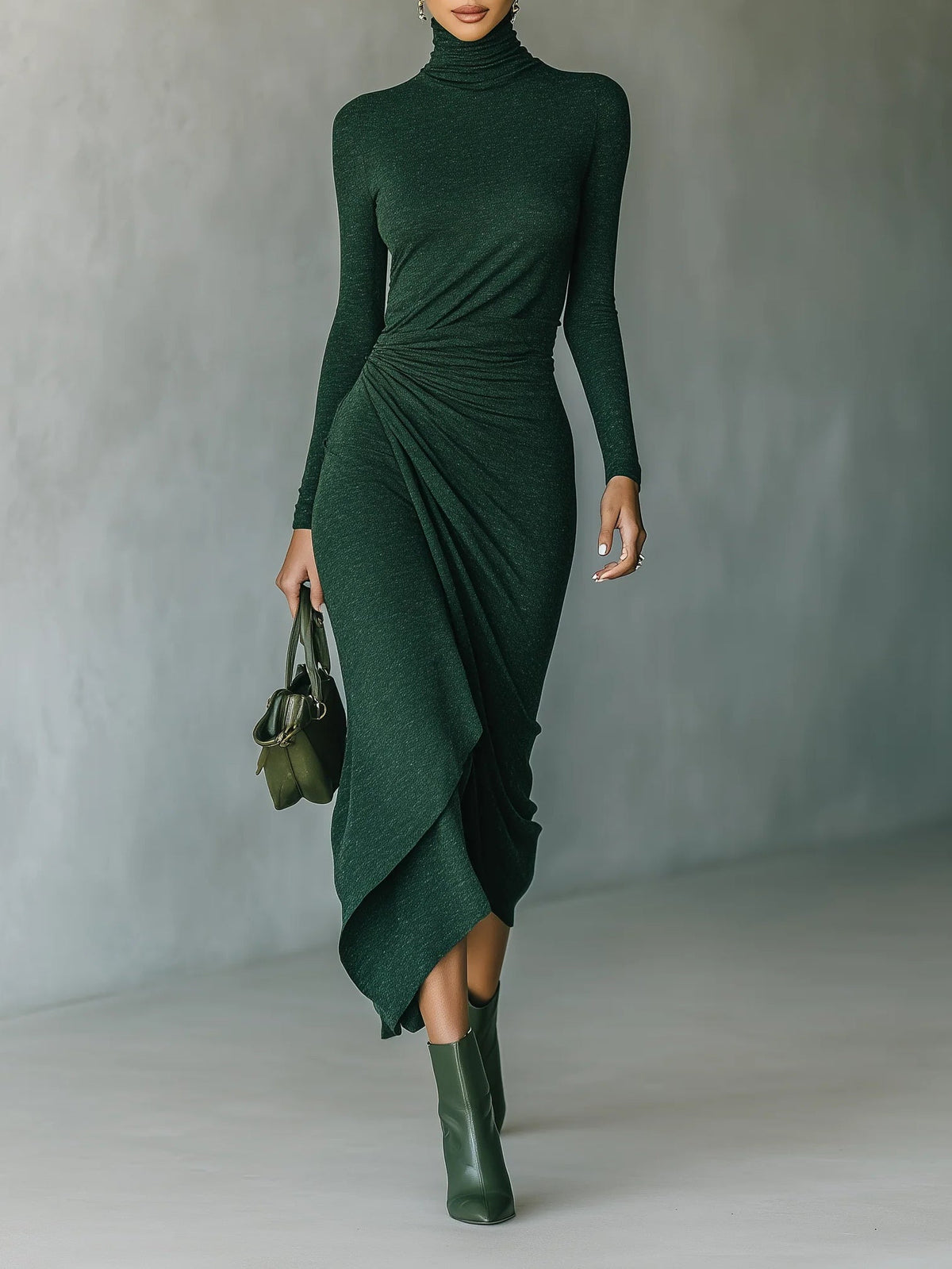 Marcella™ - Asymmetric Wrap Midi Dress With Pleats And High Collar In Dark Green