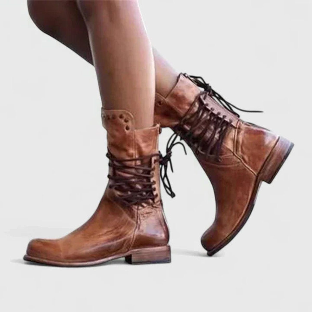 Bernadine | Block Heel Leather Boots With Lace-Up For Women