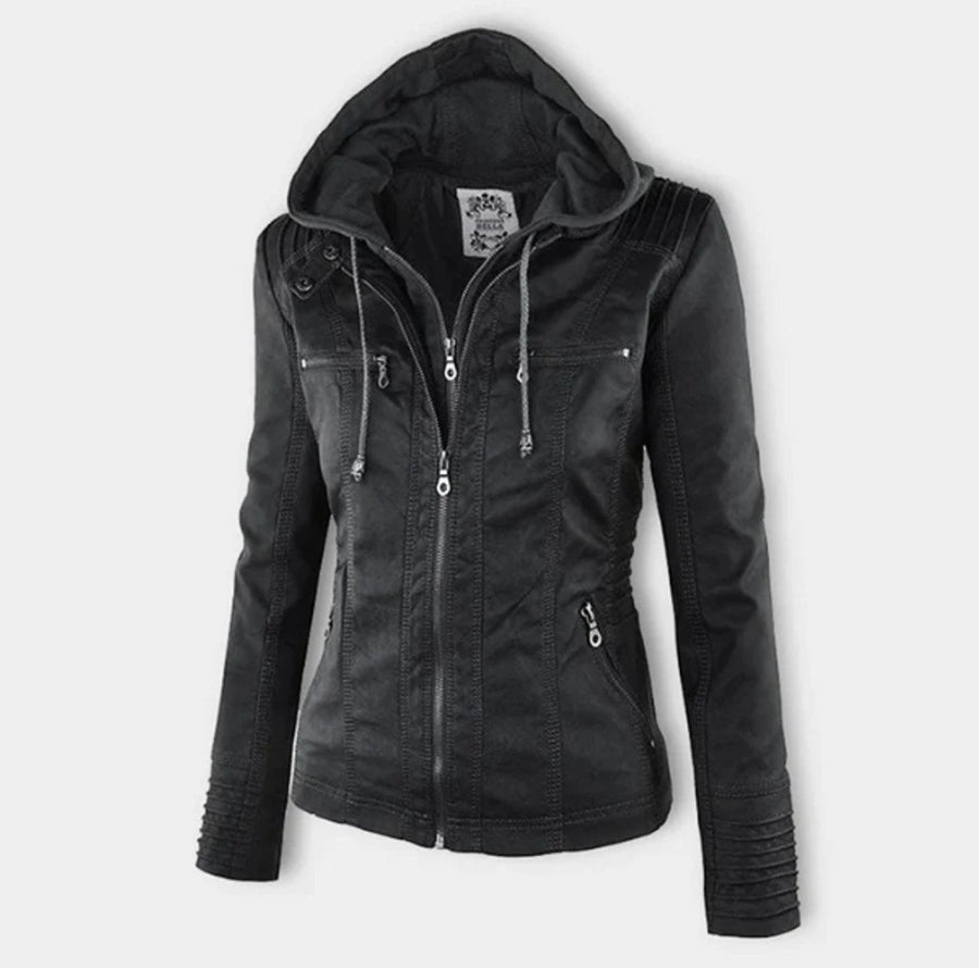 Victoria | Women's Hooded Leather Moto Jacket Zip-Up